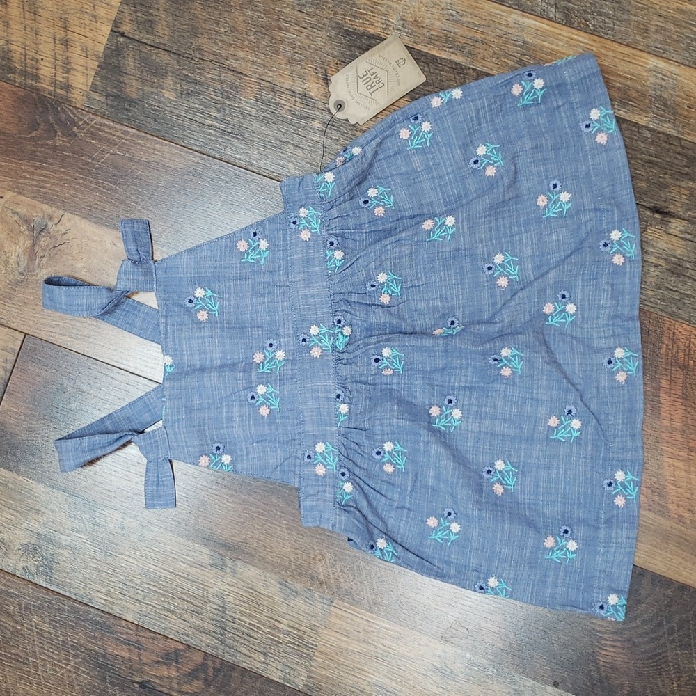 NWT True Craft Blue Floral Embroidered Pinafore Style Dress, Size 3T